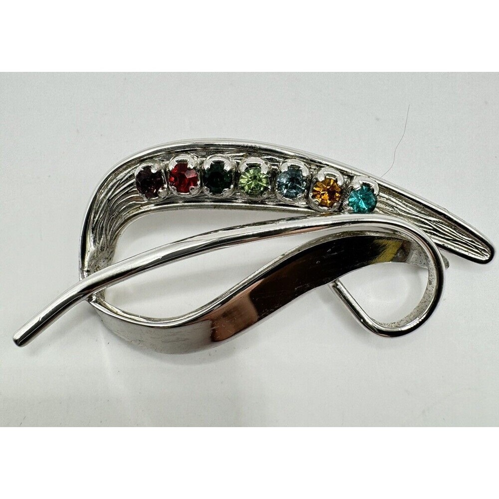 Sterling Leaf Brooch w Multi Colored Crystals (Untested) Stamped Vintage